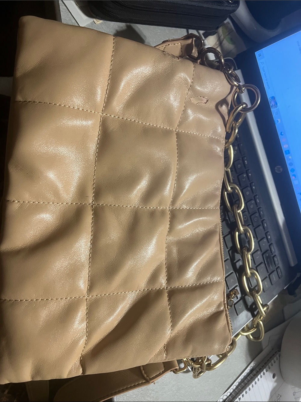 Quilted Shoulder Bag with Gold Chain Strap - Tan